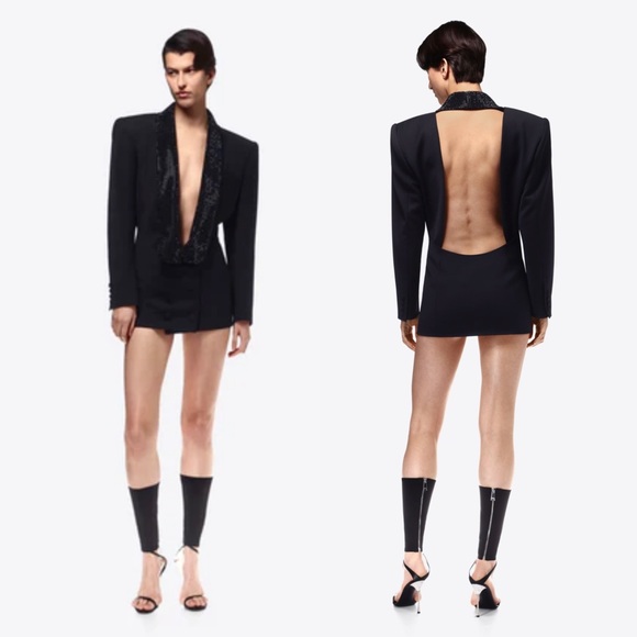 ❌SOLD❌AREA Crystal Embellished Virgin Wool Tuxedo Dress in Black, Size 2, NWT - Picture 3 of 17